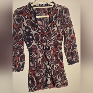 Retro Print Twist-Front V-Neck Blouse in Black, Red & Cream